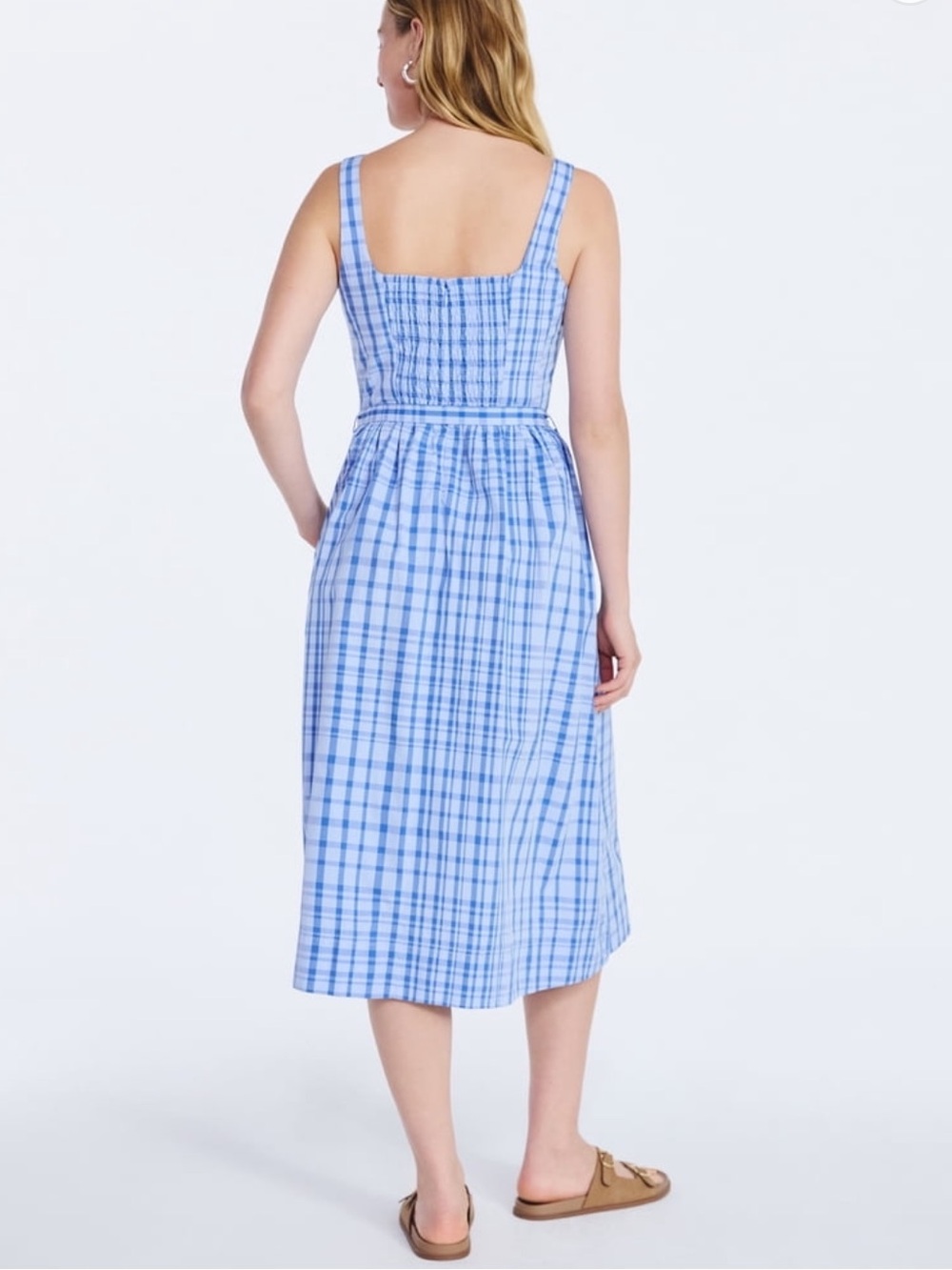 Free Assembly Sleeveless Blue Plaid Midi Dress with Waist Tie NWT sold our - Picture 4 of 15